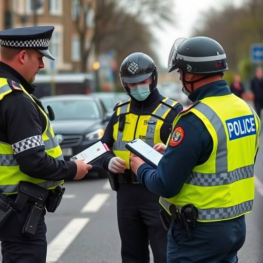 Un posto di blocco della polizia stradale, con agenti che controllano i documenti di un automobilista.